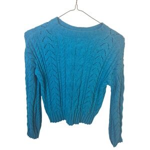 Pink rose 
Cable Knit Pointelle Sweater Turquoise Blue Crewneck Pullover 3S24 XS